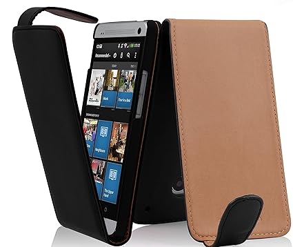 Cadorabo Hülle für HTC ONE M7 (1.Gen.) - Hülle in KAVIAR SCHWARZ – Handyhülle aus glattem Kunstleder im Flip Design - Case Co