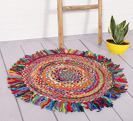 HANDCIRAFT-Palace Jute Door Mats with Fringes Area Rug Cotton Floor Mat Handmade 100% Jute Rug Round Fringes Mat (Multicolor)