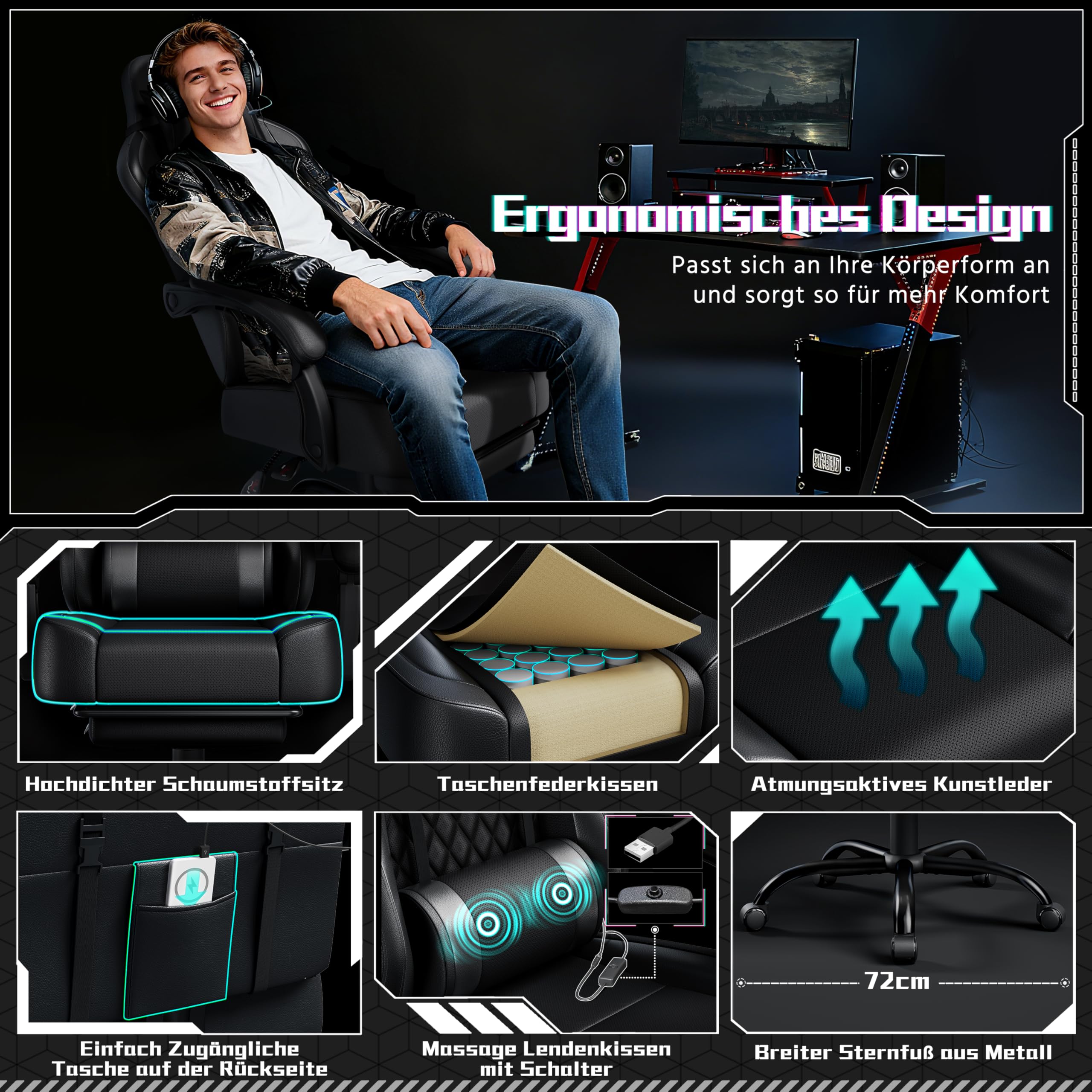 Yaheetech Gaming Stuhl, Ergonomischer Gaming-Stuhl mit Massagefunktion & Ausziehbarer Fußstütze, Verstellbare Rückenlehne, Höhenverstellbar, PC-Stuhl Computerstuhl Drehsessel (Schwarz) 4