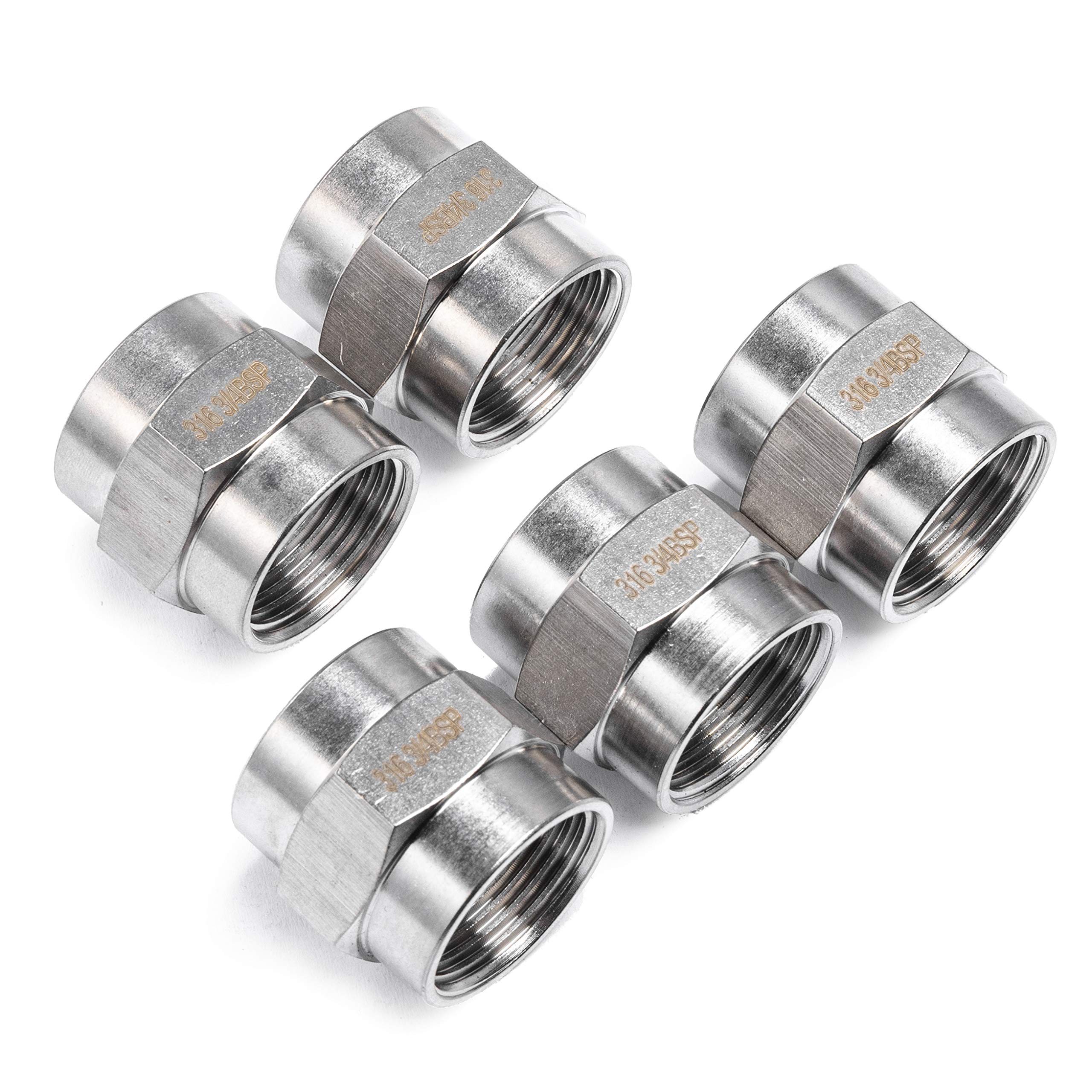 LTWFITTING Stainless Steel 316 BSP Pipe Fitting 3/4-Inch Female BSPP Coupling Air Fuel Boat (Pack of 5)