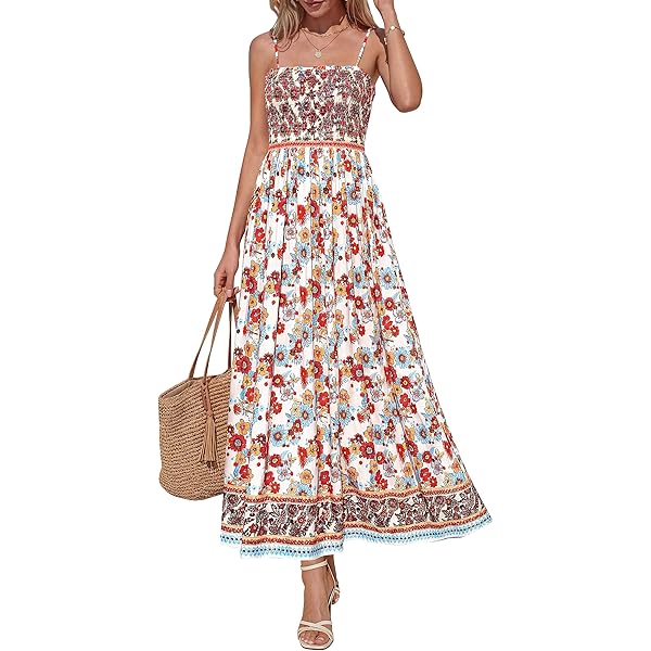 ABYOVRT Women Floral Maxi Dress Tie Shoulder Patchwork Smocked Flowy Boho  Dress with Pockets Summer Vacation Sundress(Black,S) at Amazon Women's  Clothing store