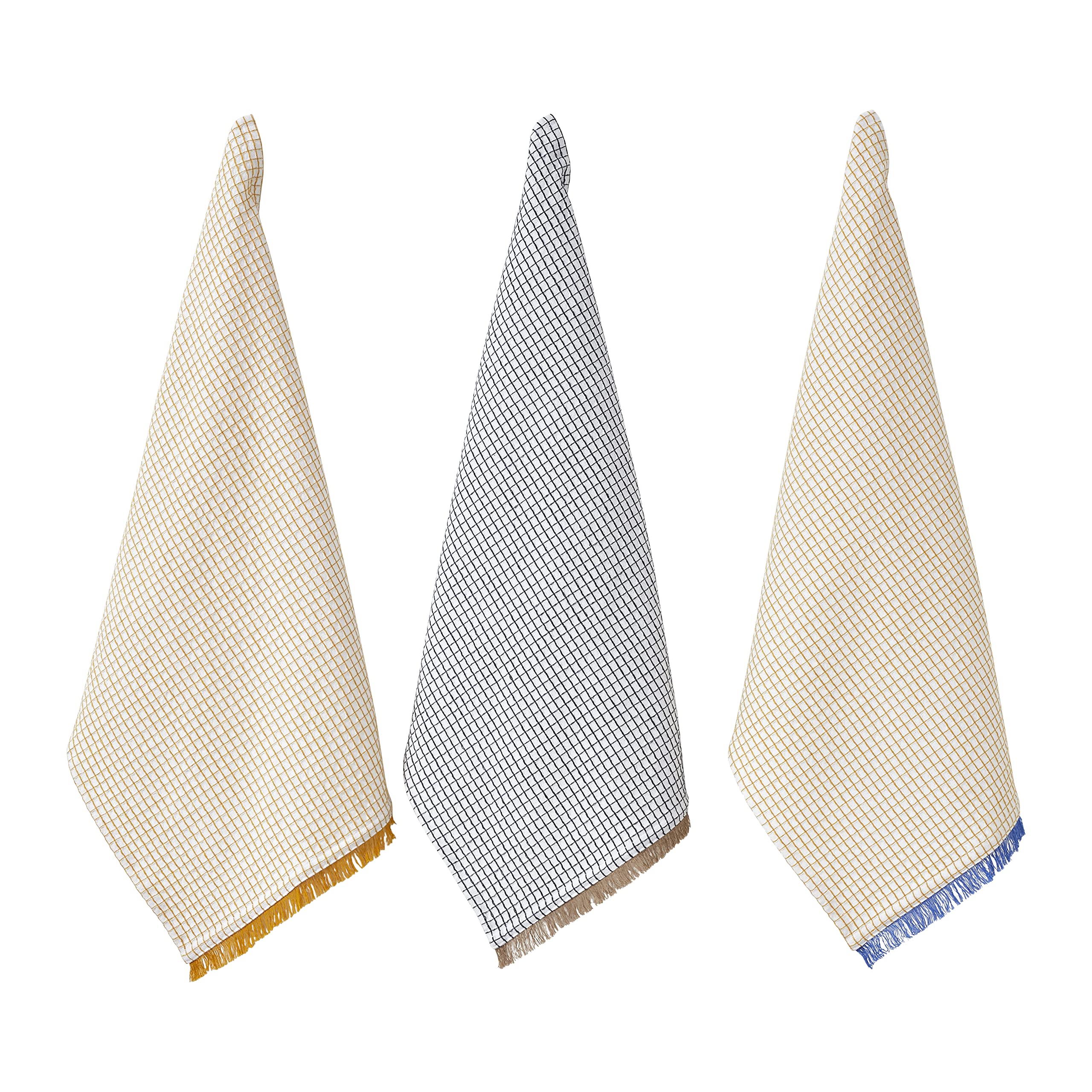 Penguin Home Set of 3 100% Cotton Kitchen Towels, Eco Friendly Sustainable Tea Towels Stylish with Different Pattern, Size - 50x70 cm Colour - White & Ochre Dish Towels