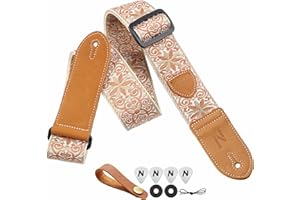Nefelibata Guitar Strap,Double leather ends,Vintage Woven W/FREE BONUS-4 Picks+Strap Locks+Strap Button,Best Gift For Bass,Electric&Acoustic Guitars for Guitar(Vintage khaki yellow embroidery)
