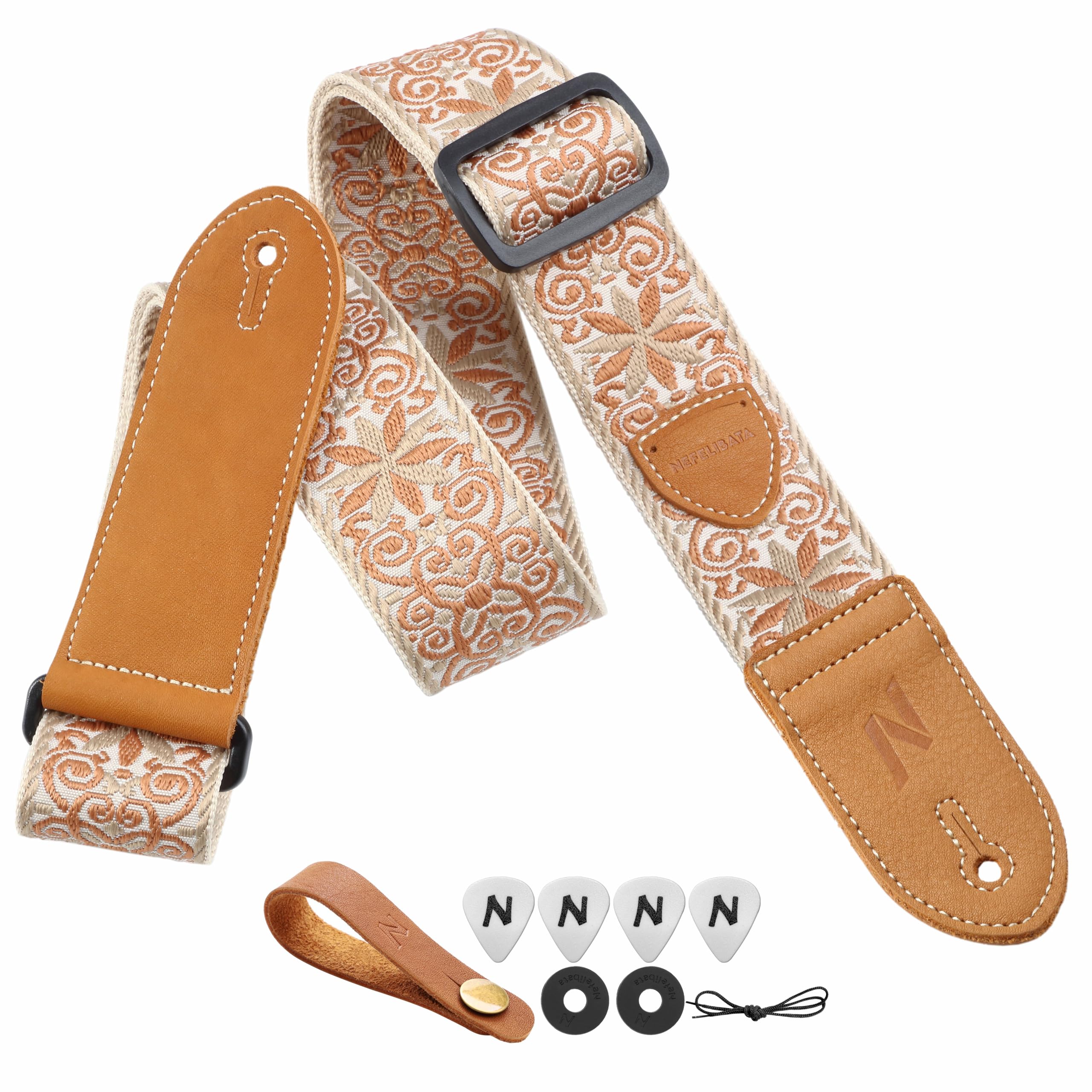 Nefelibata Guitar Strap,Double leather ends,Vintage Woven W/FREE BONUS-4 Picks+Strap Locks+Strap Button,Best Gift For Bass,Electric&Acoustic Guitars for Guitar(Vintage khaki yellow embroidery)