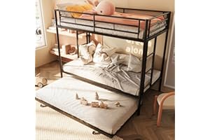 SUNLEI Bunk Bed Twin Over Twins with Trundle, Metal Loft Bed with 2 Secured Ladders, Trundle Beds Twin Safety Guard, Space-Saving, Noise Free for Small Bedroom, Black (Twin Over Twins)