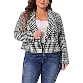 Agnes Orinda Women Plus Size Tweed Blazer Jacket Notched Lapel Business Casual Fashion Elegant Spring Jackets