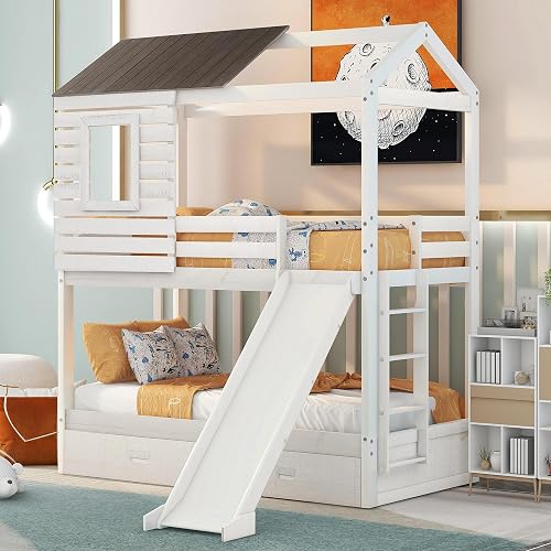 MERITLINE House Bunk Bed with Slide and Drawers, House-Shaped Wood Twin ...