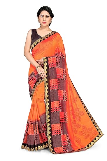 Womens Vichitra Silk Lace Border Work Printed Sari With Blouse Piece