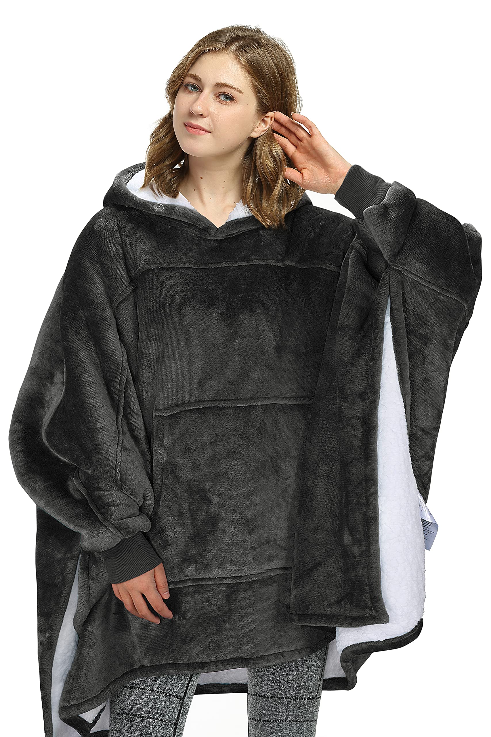 Poncho Wearable Blanket, Warm Presents For Women, Oversized Hoodie Blanket, Soft Comfortable Giant Hoody, Black