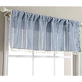 RoomTalks Boho Kitchen Valances for Windows Embroidered French Striped Farmhouse Vintage Chic Textured Tassel Curtain Valances for Bathroom Living Room Bohemian Decor (18&rsquo;&rsquo;L x 52&rsquo;&rsquo;W, Blue)