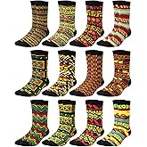Cutecrop 12 Pairs Black History Month Socks for Men Novelty African American Ethnic Pattern Crew Sock Black Power Gift for African Men