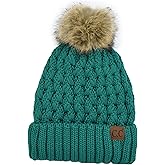 C.C Beanie Women’s Thick Cable Knit Faux Fuzzy Fur Pom Lattice Crossover Fuzzy Lined Skull Cap Cuff Beanie
