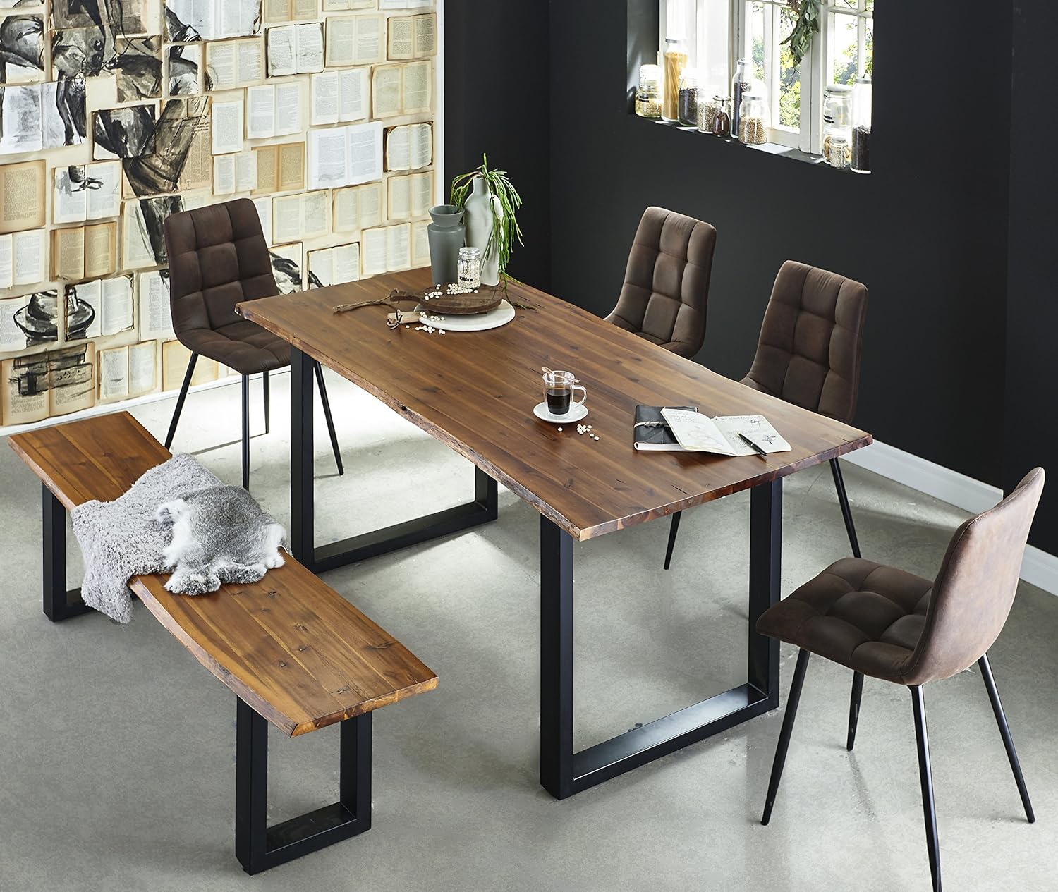 SAM 6 TLG. Essgruppe Ida, Baumkantentisch 180x90 cm & -Bank 180x40 cm