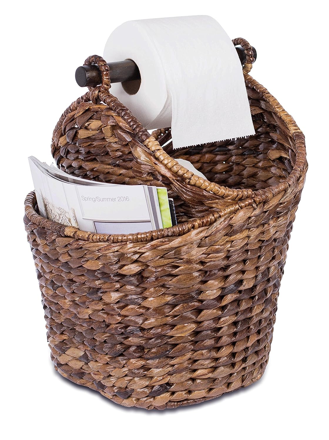 BirdRock Home Seagrass Magazine and Bathroom Basket | Hand Woven Toilet Paper Holder with Pocket | Espresso | Stylish Decorative Design | Wooden Basket Décor | Dispenser