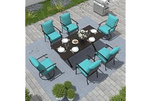 Gotland 7 Piece Outdoor Dining Table and Chairs for 6, Rectangular Patio Dining Table with Umbrella Hole with 2 Swivel Rocking Dining Chairs with Cushions, Lawn Garden Outdoor Table and Chairs