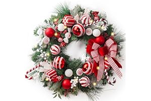 Valery Madelyn 30 Inch Pre-Lit Christmas Wreath for Front Door with Lights, Large Candy Cane Lighted Christmas Wreath with Red White Xmas Ball for Fireplace Window Outdoor Table Centerpiece Decoration