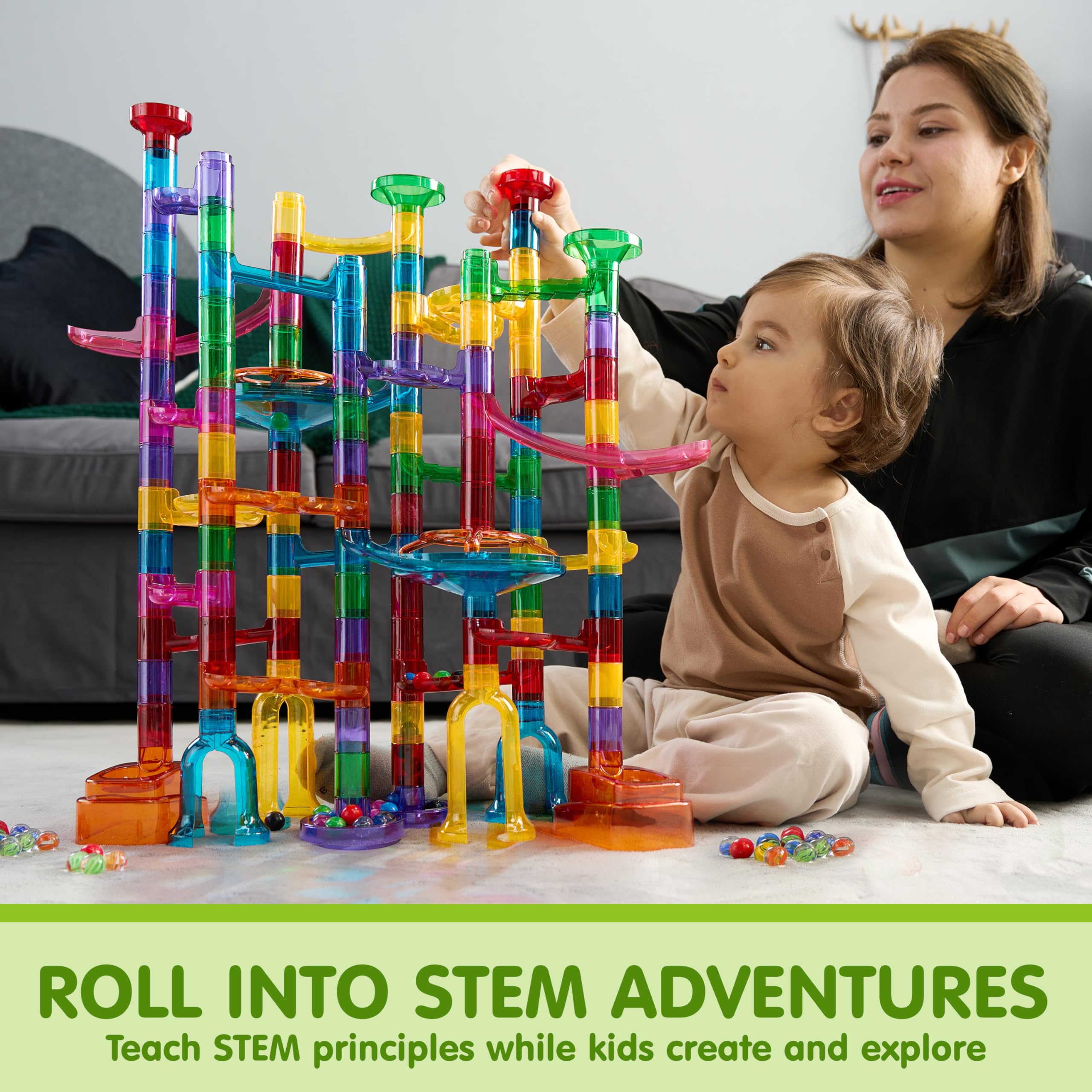 JOYIN 137Pcs Glowing Marble Run - Construction Building Blocks Toys with 15 Glow in The Dark Plastic Marbles, STEM Toy Presents for Boys and Girls, Gift for Christmas