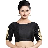 Madhu Fashion Women's Poly Raw Silk Readymade Saree Blouse with Embroidered Half Sleeves