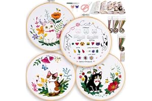ZWZRAFT Embroidery Kit for Beginners, 4 Sets Cat Embroidery Kits, Needle Point Kits for Adults Beginner, with Full Package Sewing Supplies and Detailed Easy-to-Follow Instructions