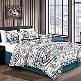 WPM WORLD PRODUCTS MART 7 Piece Western Cowboy Bedding Set, Southwestern Aztec Pattern Velvet Comforter, Ranch Farmhouse Style Teal and Red Horse Riding Design (Queen)