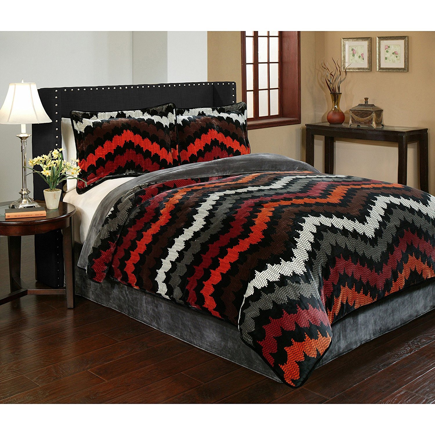 3pc Grey Brown Red Orange Southwest Chevron Comforter King Set