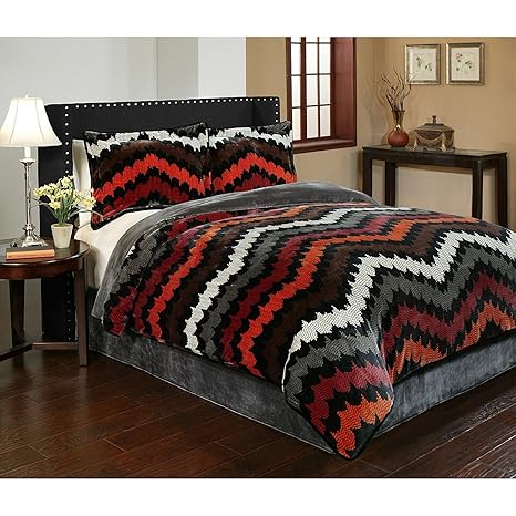 Amazon Com 3pc Grey Brown Red Orange Southwest Chevron Comforter