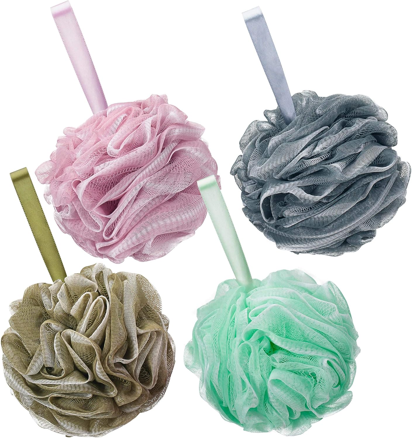 Titanker Bath Loofah Sponge, Shower Sponge Loofahs 60g/pcs Mesh Pouf Soft Body Scrubber Ball, Exfoliating Bath Sponge for Women and Men, Pack of 4, Grey-Pink-ArmyGreen-Green: Health & Personal Care