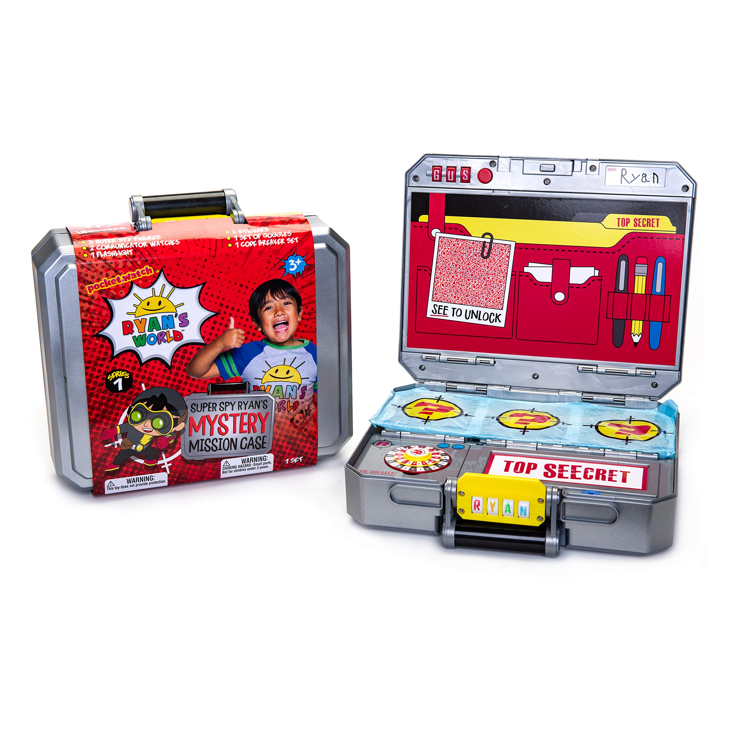 RYAN'S WORLD Secret Agent Mystery Mission Case, 3 Exclusive Spy Figures, 2 Wrist Communicators, Flashlight, Goggles, Code Breaker Spinner, Stickers, Accessories, UNbox