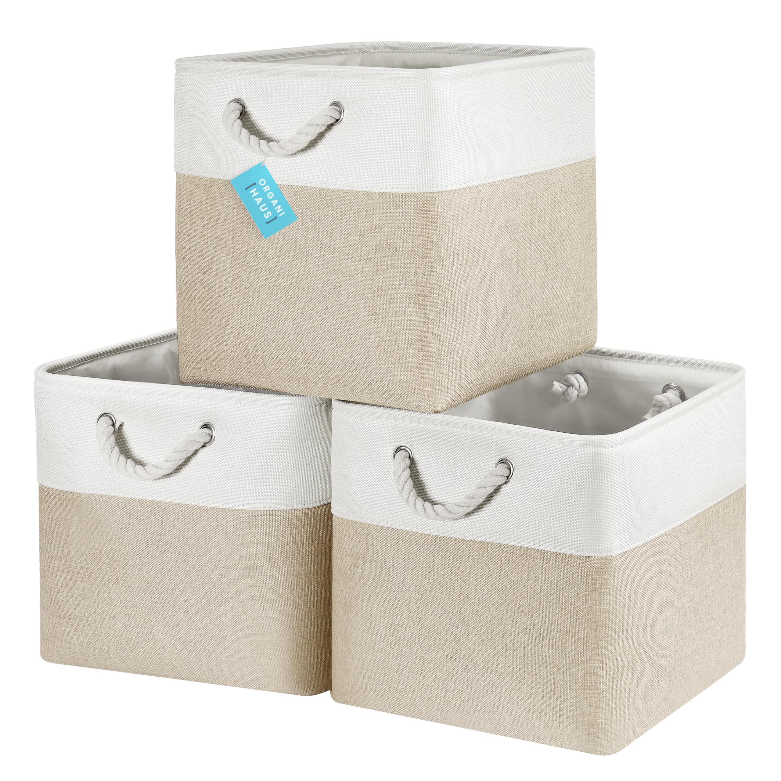 OrganiHaus Fabric Storage Boxes, Set of 3 Foldable 33X33 Cube Organiser Bins with Rope Handles for Shelves, Nursery & Closet, Collapsible Storage Baskets for Toys, Clothes & More - Beige/Off-White