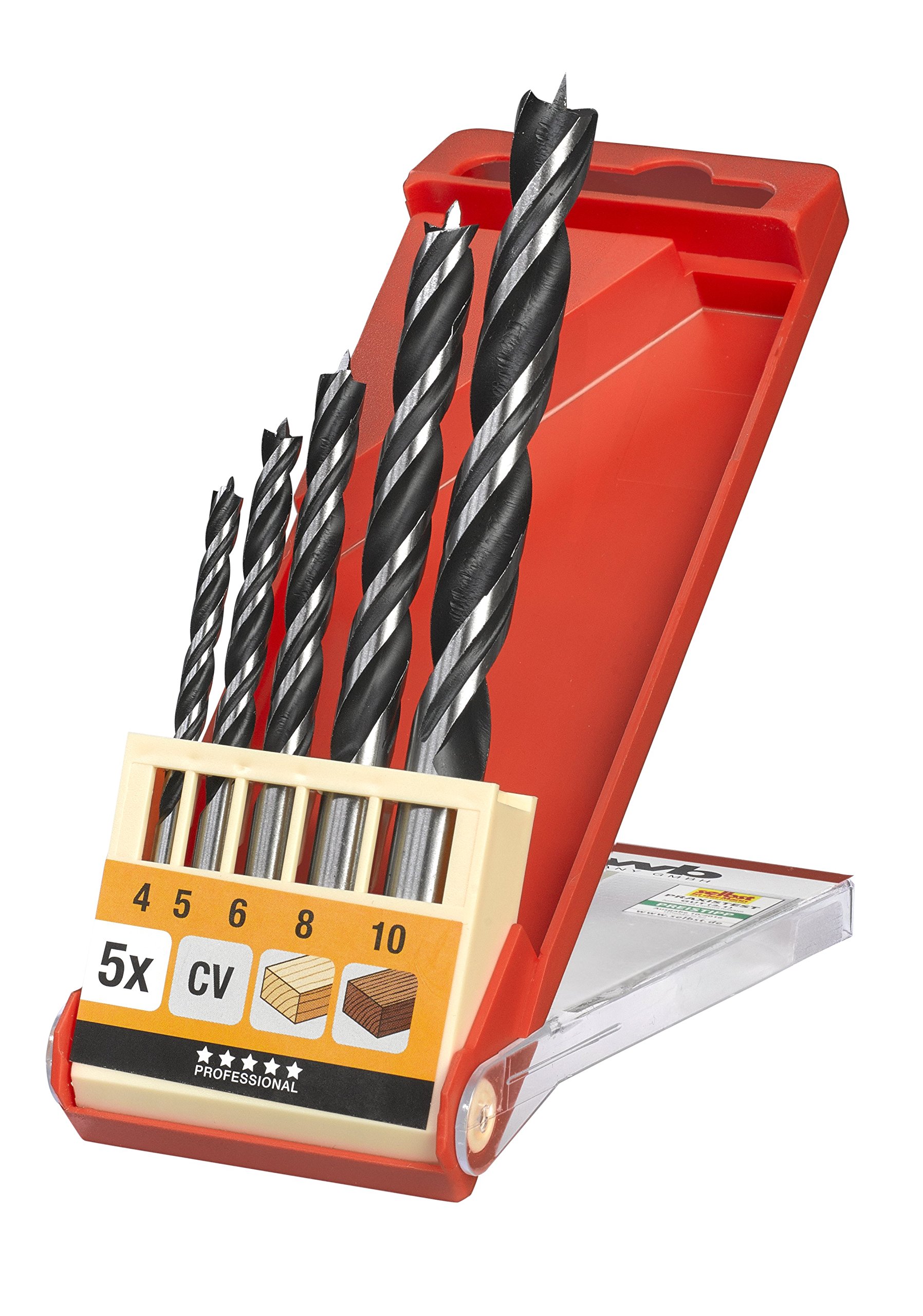 kwb CV Wood Drill Bit Set, 5 Pieces, Ø 4-10mm, 2-Flute Spiral Design, for Hard and Soft Wood