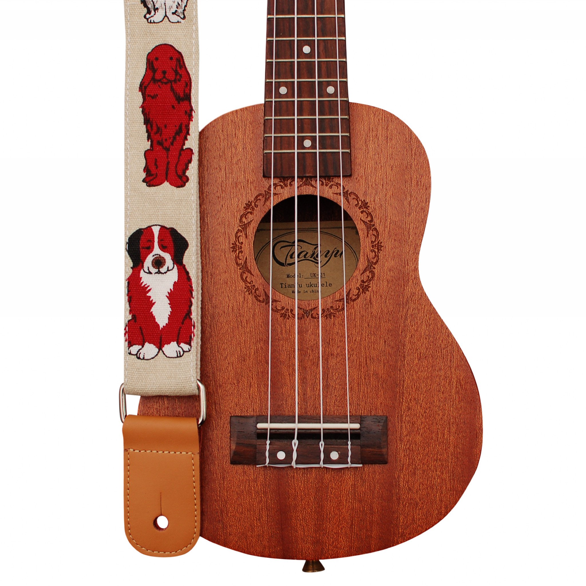 MUSIC FIRST Original Design “MR DOG” Soft Cotton & Genuine Leather Ukulele Strap Ukulele Shoulder Strap