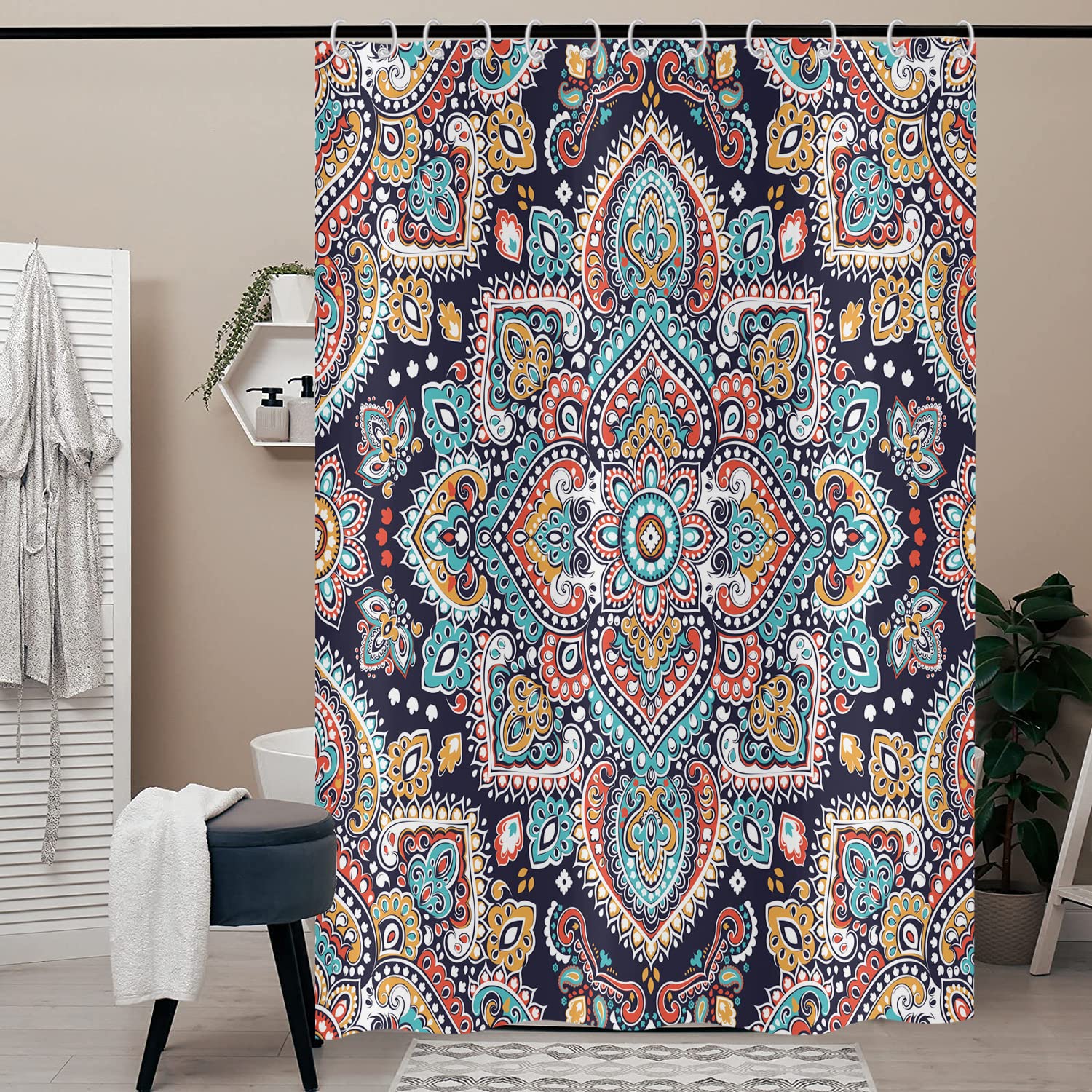 Hnmdmyi Boho Floral Shower Curtain 180x180, Bohemian Colorful Paisely Mandala Flower Ethnic Vintage Geometric Pattern Bathroom Curtains Waterproof Polyester Fabric Washable Bath Curtains with Hooks