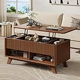 ONBRILL Farmhouse Lift Top Coffee Table, Mid Century Modern Coffee Table with Hidden Storage Compartment, Fluted Rising Pull up Wood Modern Center for Living Room, Office, Walnut