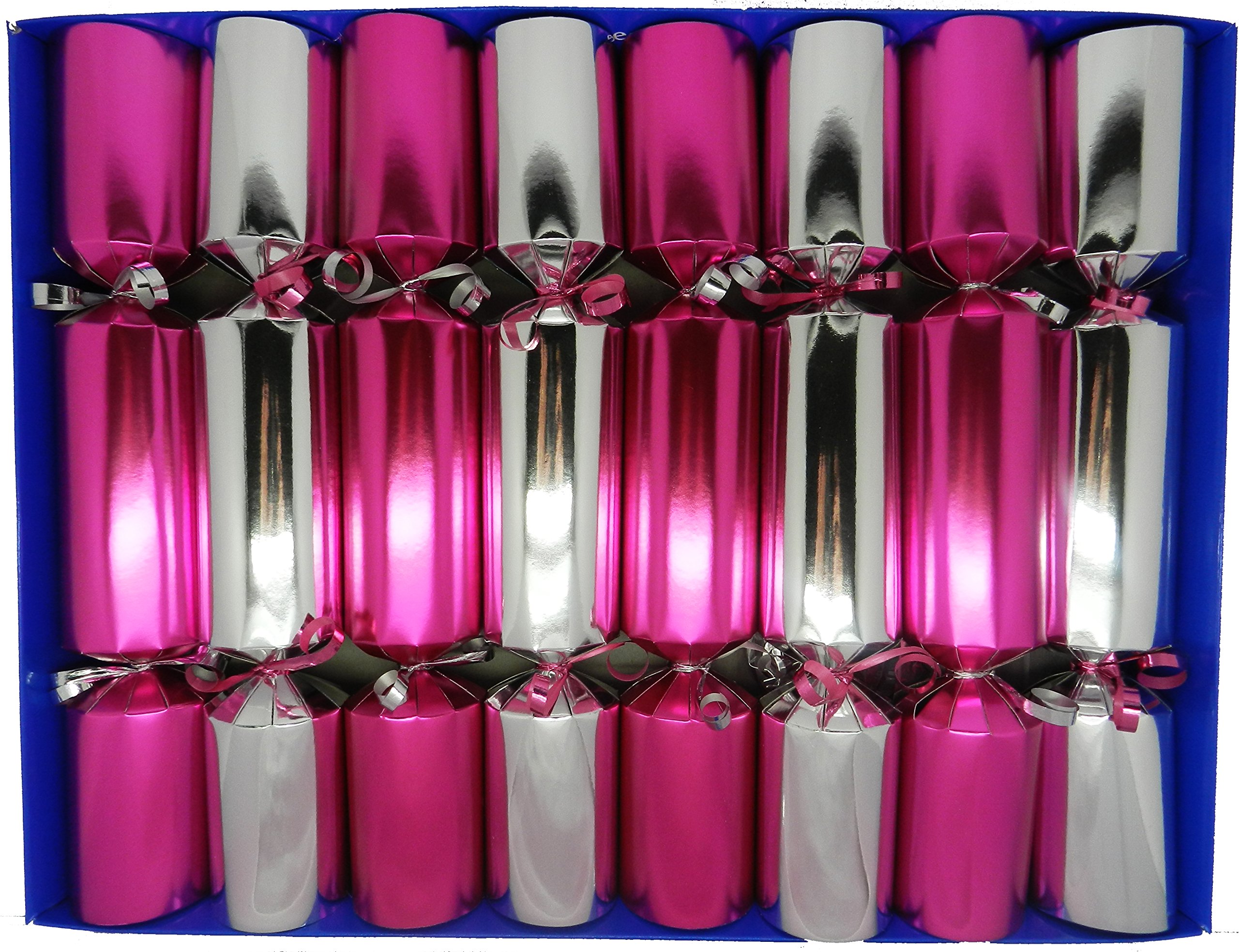 Fill Your Own Christmas Crackers, Box of 8 Silver and Pink Crackers with matching Trim and Tags