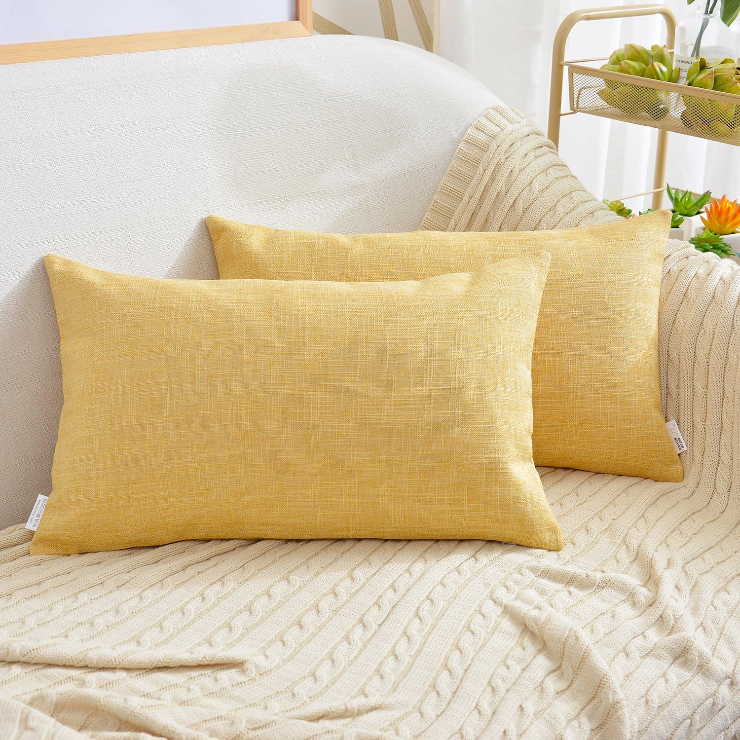 NATUS WEAVER 2 Pieces Amazing Soft Linen Burlap Throw Pillow Cover Pliancy Decorative Accent Cushion Covers Lumbar Pillowcase, 12 x 20 inch, Primrose Yellow