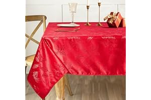 ARIDUR Christmas Tablecloth, Red Christmas Table Cloth with Holly Patterns, Christmas Decorations for Home Indoor Rectangle Tablecloth 60x84 Inch, Red Jacquard Damask Fabric Tablecloth Winter