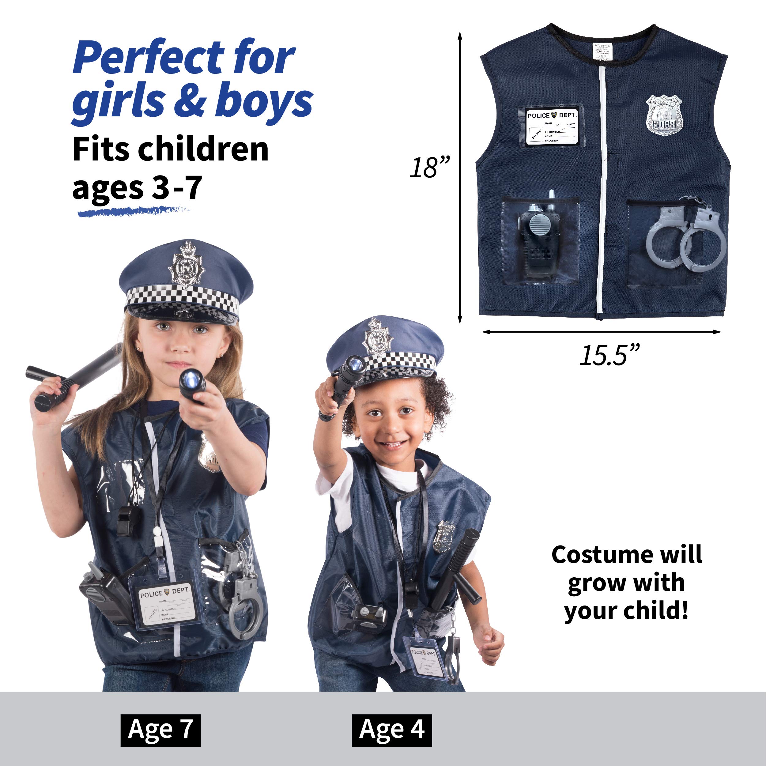 Born Toys Kids Fireman and Policeman Role Play Costume Set, Firefighter Suit, Police Vest, Hats, Accessories