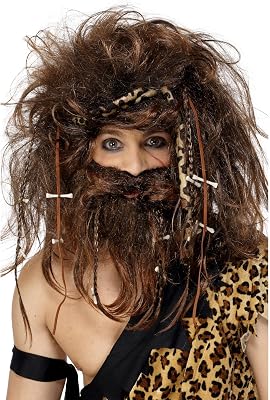Conjunto Smiffys Crazy Caveman, castanho, inclui peruca, barba, fita de cabelo, ossos e tranças Halloween, Carnaval