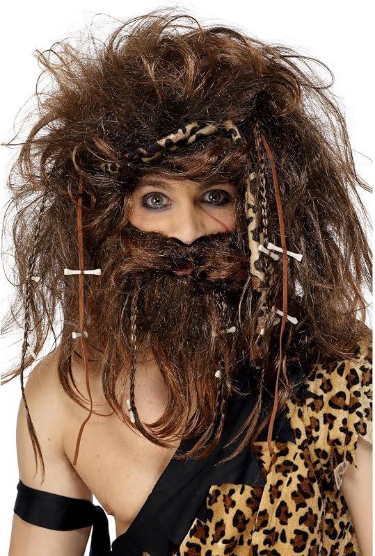 Conjunto Smiffys Crazy Caveman, castanho, inclui peruca, barba, fita de cabelo, ossos e tranças Halloween, Carnaval — foto 1 de 5