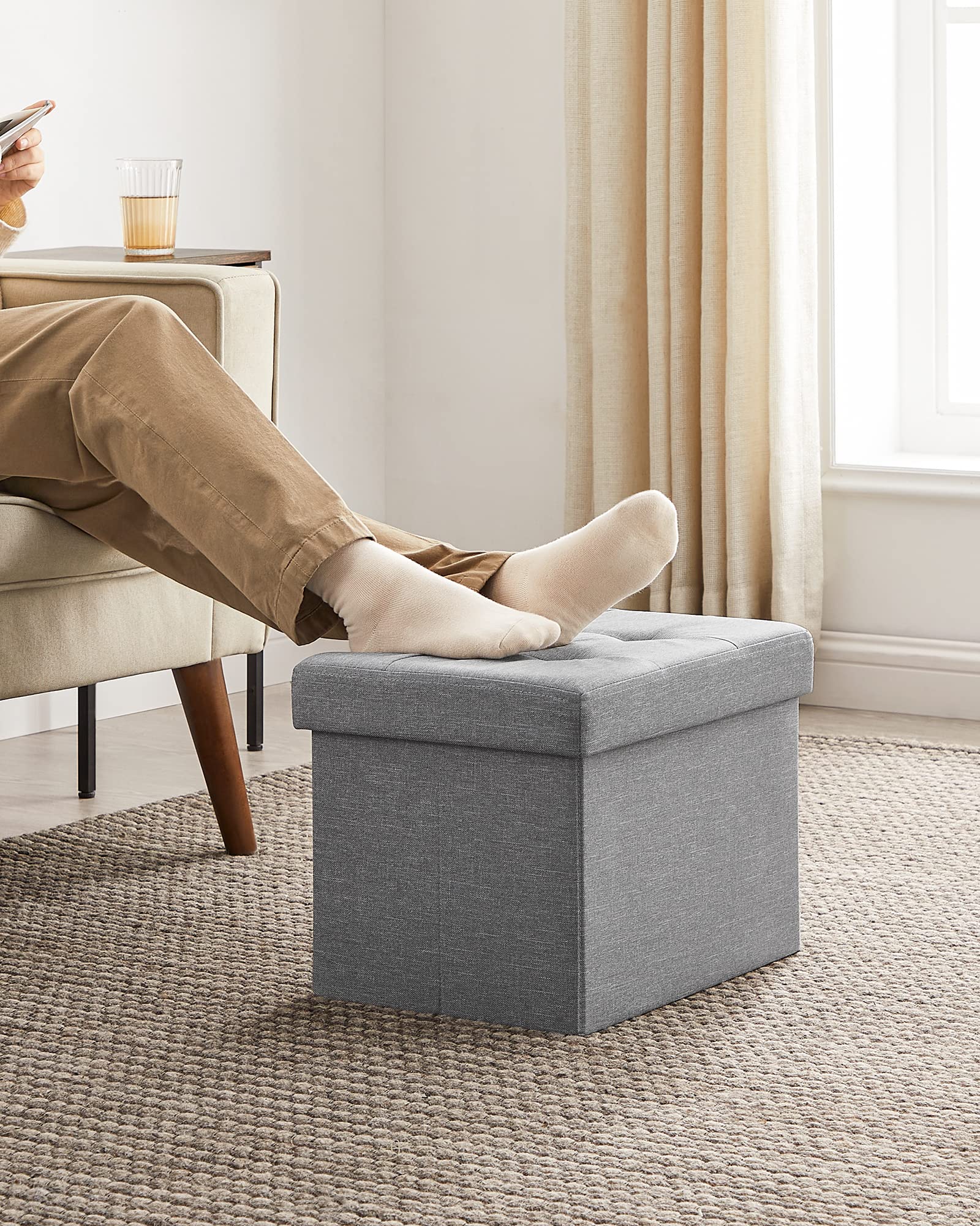 SONGMICS Mazie Collection - Small Folding Storage Ottoman, Foot Rest Stool, 12.2 x 16.1 x 12.2 Inches, 286 lb Load Capacity, for Living Room, Bedroom, Home Office, Dorm, Light Gray ULSF102G02