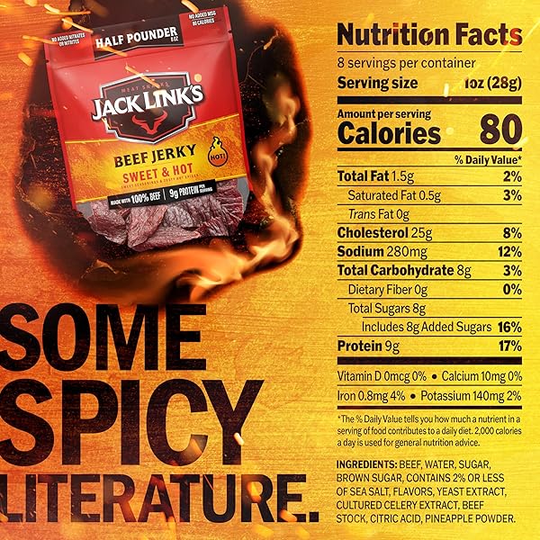 JACK LINK’S BEEF JERKY, SWEET & HOT, HALF POUNDER LARGE JERKY BAG – FLAVORFUL MEAT SNACK, READY TO EAT PROTEIN SNACKS WITH 9G OF PROTEIN PER SERVING, MADE WITH 100% BEEF