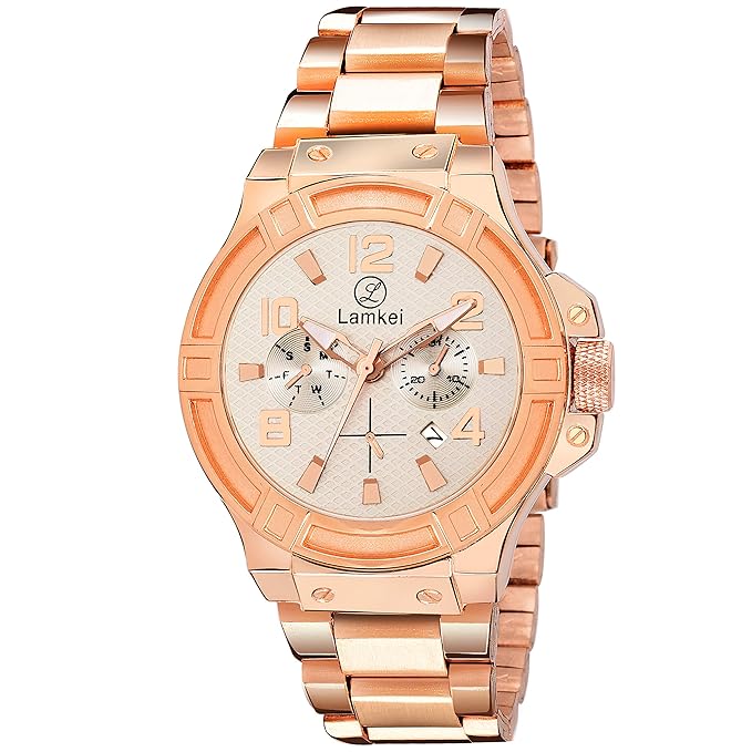 Lamkei Imported Analogue Display White Dial Rosegold Stainless Steel Chain Men�s Watch � LMK-0133