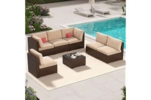 LHBcraft 7 Piece Patio Furniture Set, Outdoor Furniture Patio Sectional Sofa, All Weather PE Rattan Outdoor Sectional with Beige Cushion and Glass Table, Clips