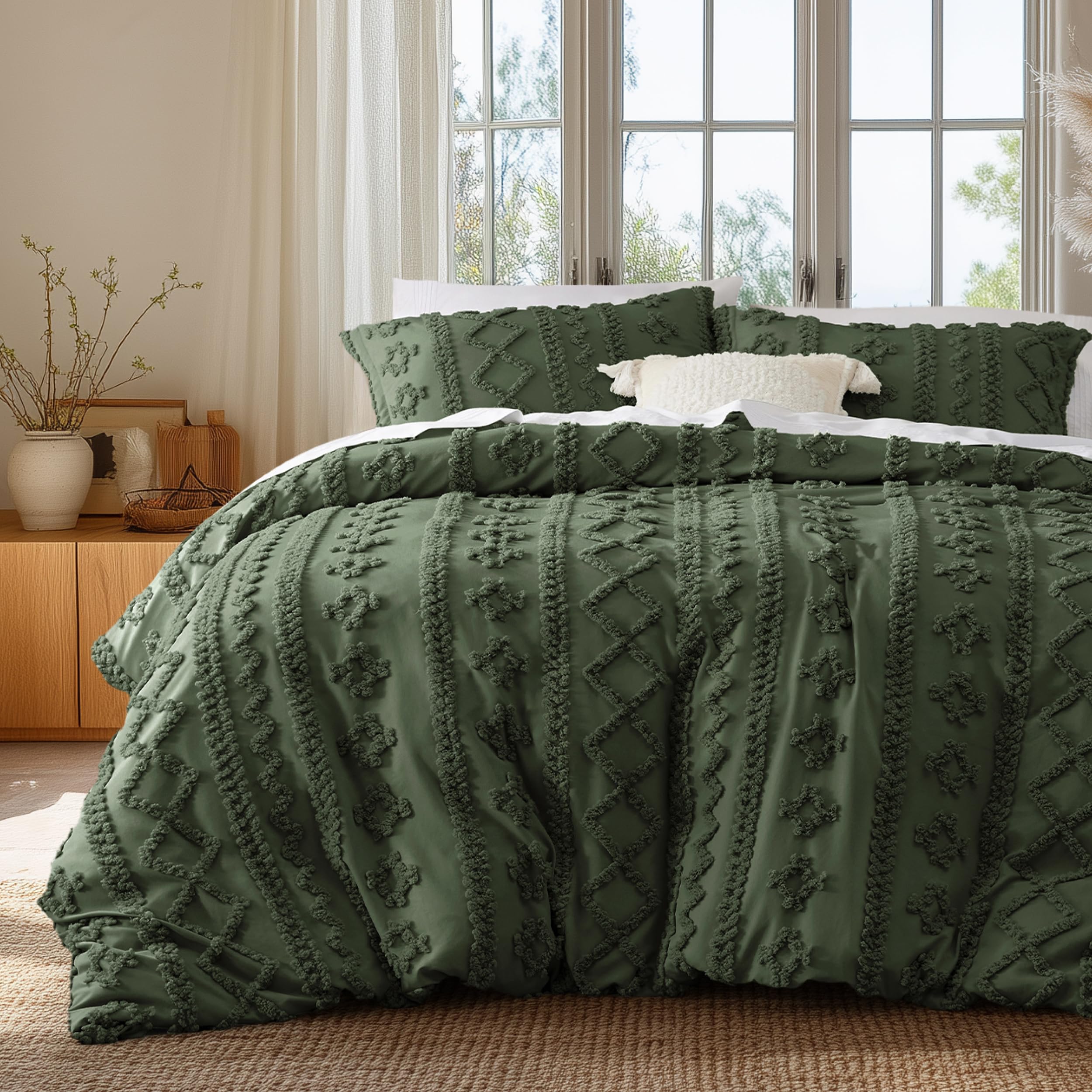 Photo 1 of Bedsure Boho Kids Duvet Cover Queen Size?Duvet Insert/Comforter not Included - Tufted Duvet Cover Queen for All Seasons,Soft Shabby Chic Boho Bedding (Olive Green, 90" x 90")