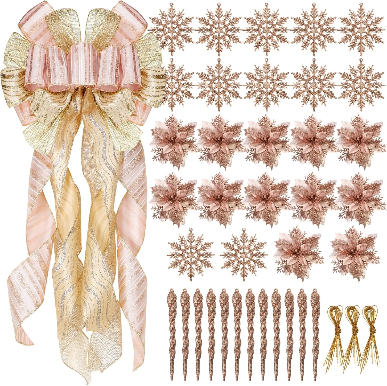 Bows & Ribbons - Dingion 37 Pieces Christmas Rose Gold Tree Ornaments Set, Christmas Decorative Bow Topper 12 Glitter Flowers Decorations 12 Plastic Xmas Snowflake Icicle Ornaments Set for Holiday Party Decoration