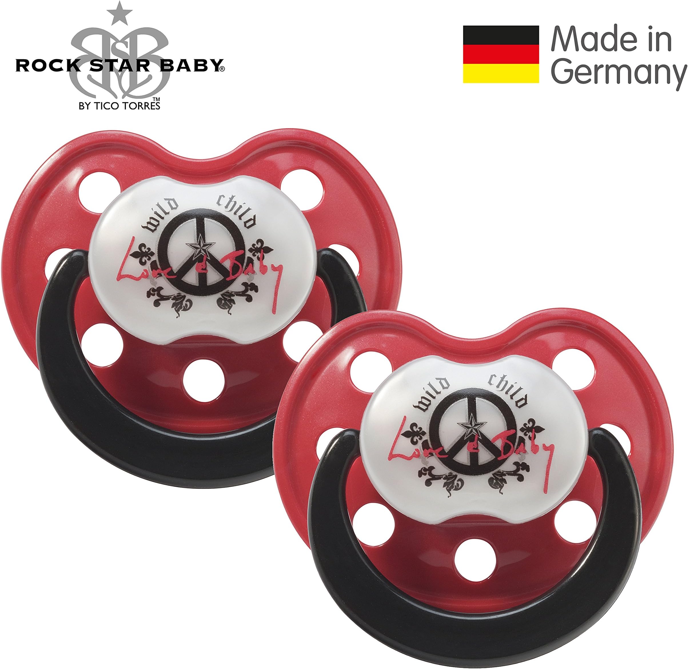 ROCK STAR BABY by Tico Torres - Silicone Orthodontic Baby Pacifier - Size 2 for 6-18 months - 2 Pack - Soother with travel cover - Peace Wild Child, red