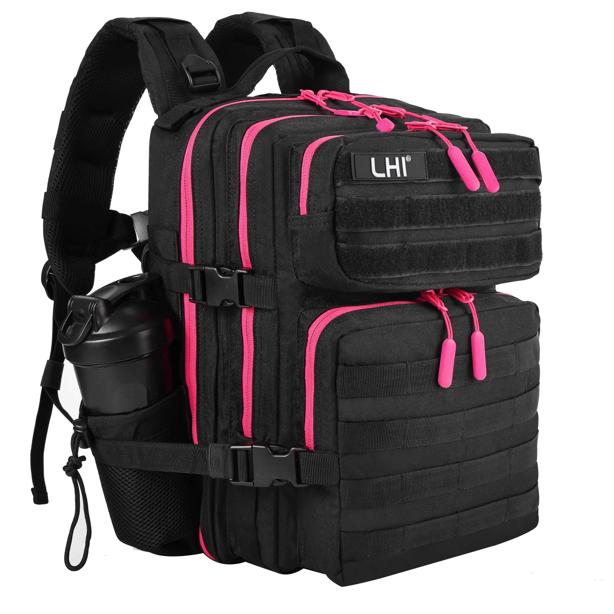 LHI Tactical Military Backpack for Men and Women 25L Army Assault Pack Bag Large Rucksack with Molle System - Black with red zipper Image