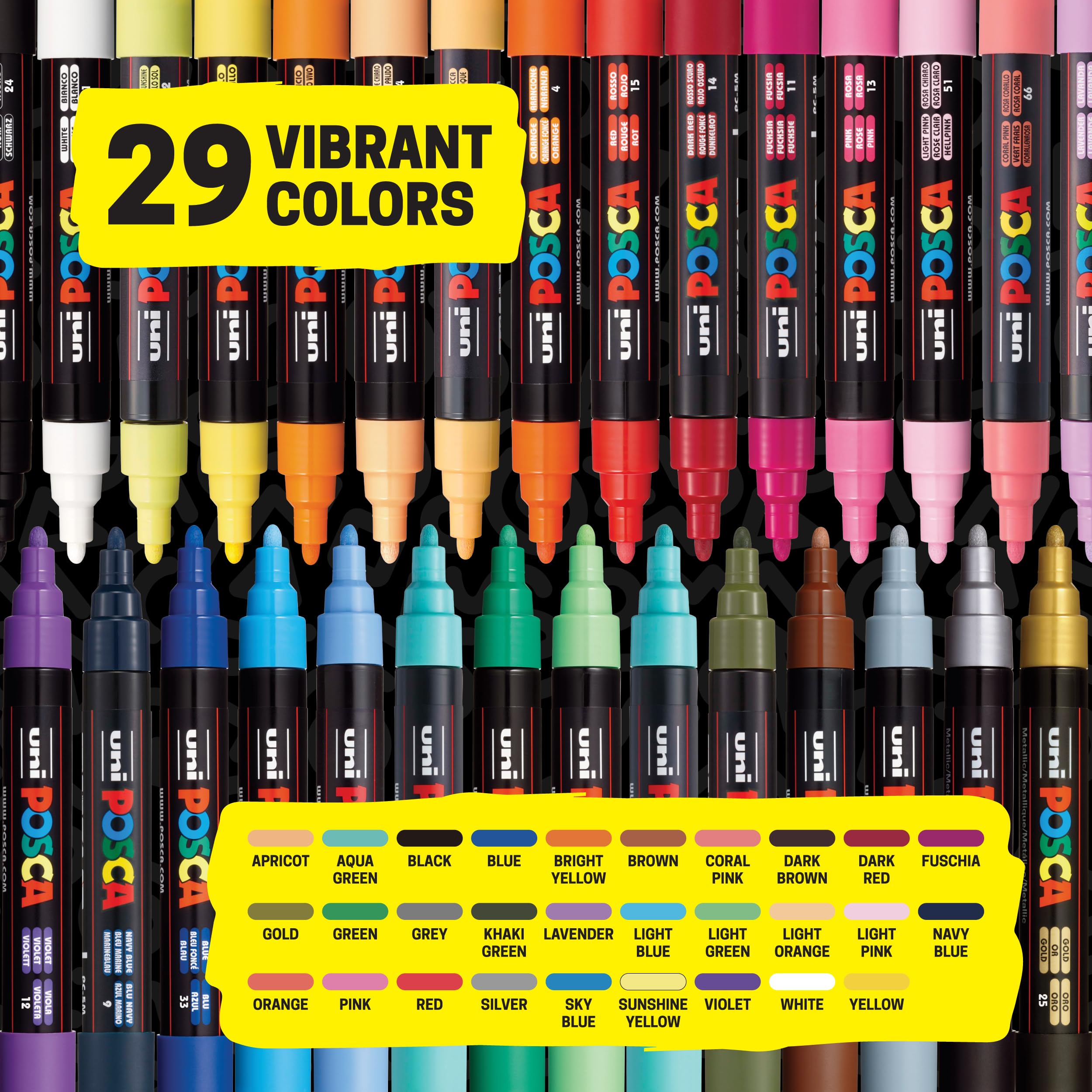 Uni Posca Paint Markers, 5M Medium Acrylic Markers with Reversible Tips, Artist Recommended For Gifts, Decorations, Fabric, Metal, Glass, Wood and Canvas, Assorted Colors, Set of 29