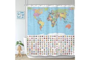 LGhtyro World Map Shower Curtain Bathroom Set 71Wx71H Inches with Detailed Major Countries and Cities Educational Geography Bath Accessories for Kids Teens Art Home Decor Fabric 12 Pack Hooks