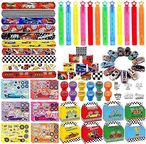 QICI Race Car Party Favors Race Car Birthday Party Supplies Bubble Slap Band Temporary Tattoo Racing Toy Gift Boy Kid Filler Goodie Bag Box Stuffer Racecar Themed Decorations